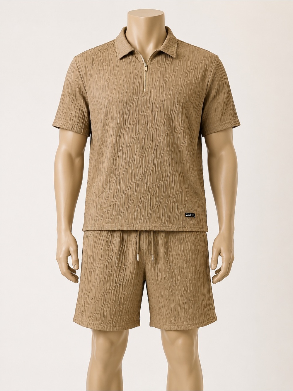 NWT ZAFUL Men’s XL Khaki Textured Quarter Zip Shirt Shorts Set